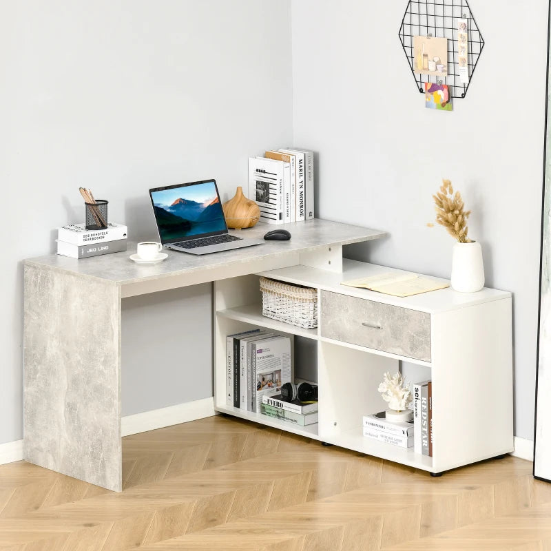 L-Shaped Corner Desk with Drawers and Shelves