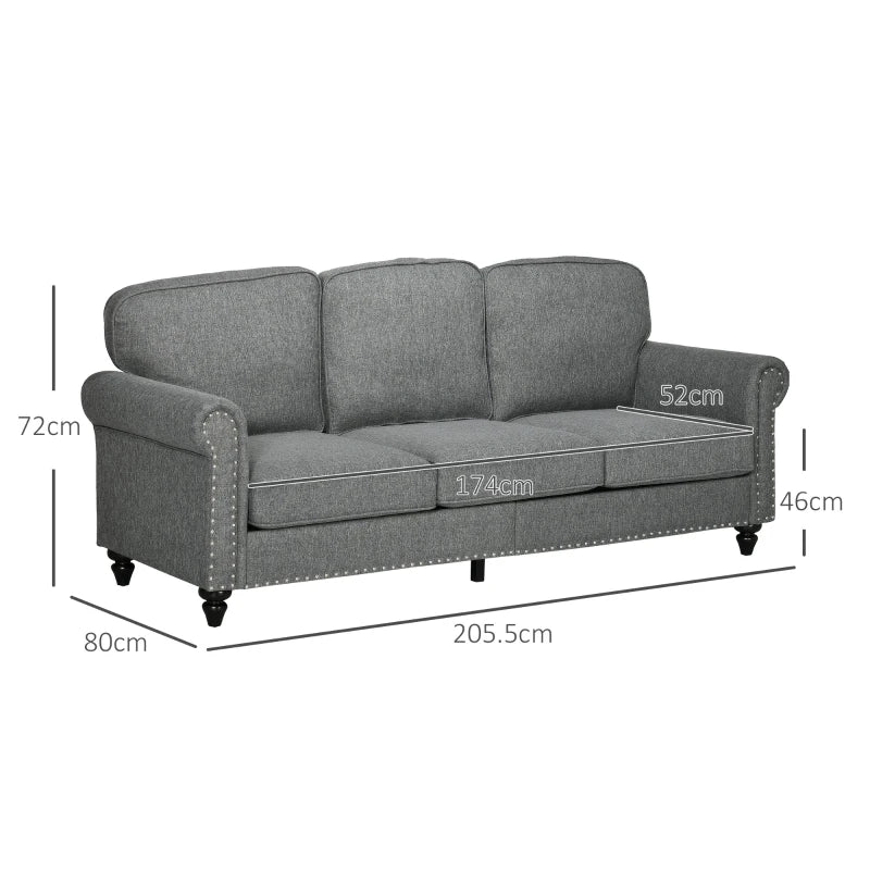 Grey Fabric 3 Seater Sofa with Nailhead Trim